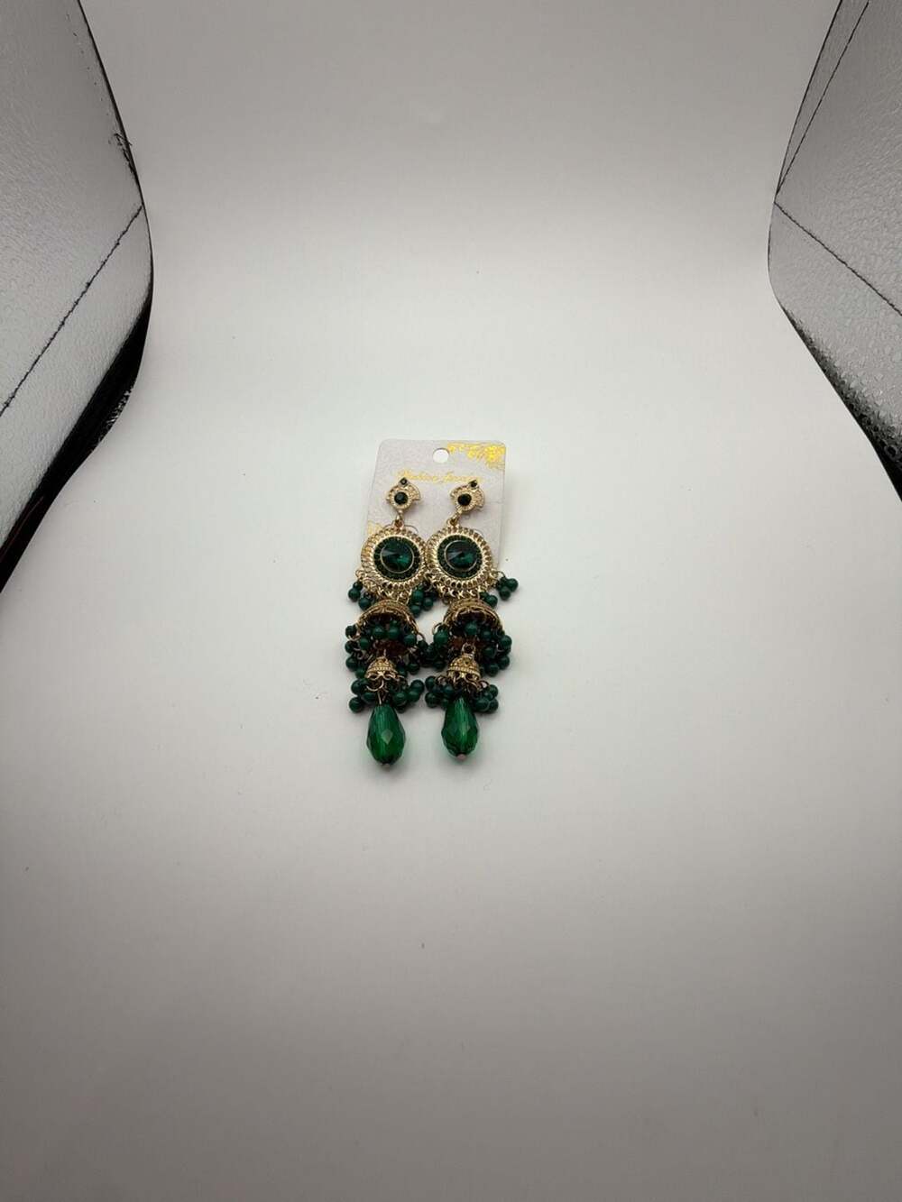 Gold-Tone Ethnic Jhumka Dangle Earrings with Green Crystal Accents